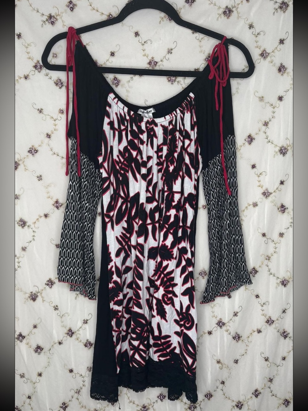 Boho Cold-Shoulder Floral Knit Dress - Black & Burgundy